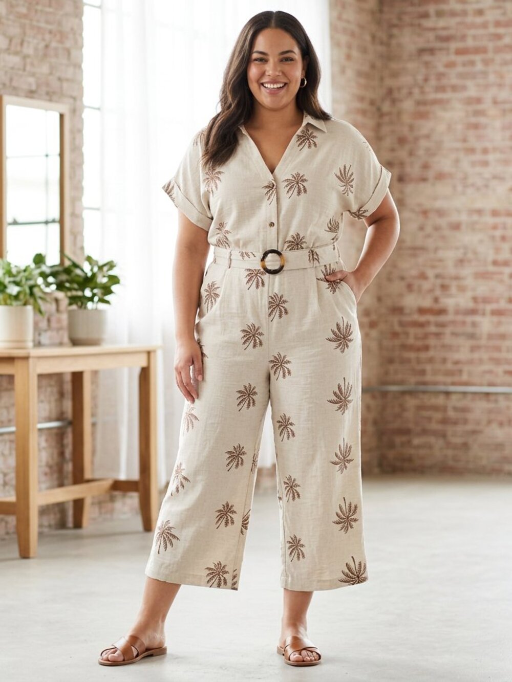 NYCC Palm Print Jumpsuit NWT Cream XL Tropical Wide Leg One Piece Flawed